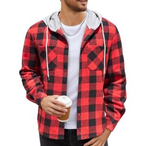 imageCOOFANDY Mens Flannel Hoodie Plaid Shirt Long Sleeve Button Down Casual Shirt Jacket Lightweight Fall ShacketPlaidred  Black