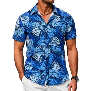 imageCOOFANDY Mens Hawaiian Shirts Short Sleeve Button Down Shirt Casual Summer Beach Shirts Floral Tropical Vacation Resort WearNavy Bluepalm Leaf