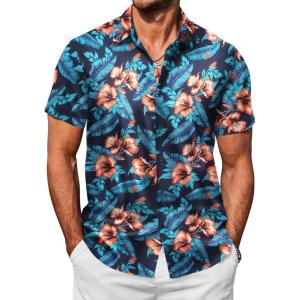 imageCOOFANDY Mens Hawaiian Shirts Short Sleeve Button Down Shirt Casual Summer Beach Shirts Floral Tropical Vacation Resort WearOrangeBluefloral