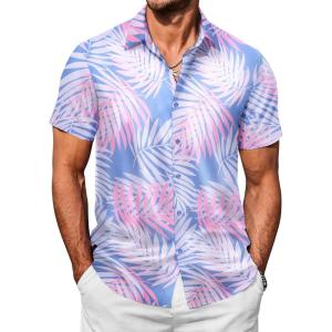 imageCOOFANDY Mens Hawaiian Shirts Short Sleeve Button Down Shirt Casual Summer Beach Shirts Floral Tropical Vacation Resort WearPinkBlueleaf