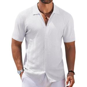 imageCOOFANDY Mens Knit Short Sleeve Shirt Casual Button Down Shirt Vintage Fashion Polo Shirts Crochet Summer Beach ShirtsAwhite