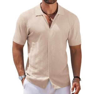 imageCOOFANDY Mens Knit Short Sleeve Shirt Casual Button Down Shirt Vintage Fashion Polo Shirts Crochet Summer Beach ShirtsBeige