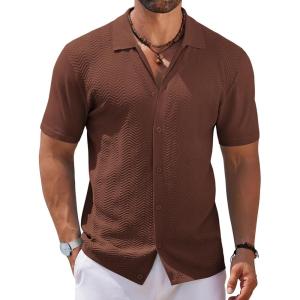 imageCOOFANDY Mens Knit Short Sleeve Shirt Casual Button Down Shirt Vintage Fashion Polo Shirts Crochet Summer Beach ShirtsBrown