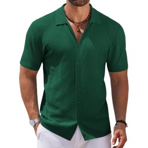 imageCOOFANDY Mens Knit Short Sleeve Shirt Casual Button Down Shirt Vintage Fashion Polo Shirts Crochet Summer Beach ShirtsEvergreen