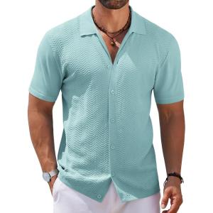 imageCOOFANDY Mens Knit Short Sleeve Shirt Casual Button Down Shirt Vintage Fashion Polo Shirts Crochet Summer Beach ShirtsIce Green