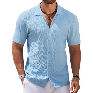 imageCOOFANDY Mens Knit Short Sleeve Shirt Casual Button Down Shirt Vintage Fashion Polo Shirts Crochet Summer Beach ShirtsLight Blue