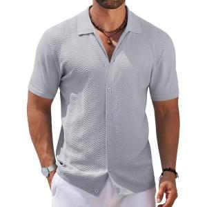imageCOOFANDY Mens Knit Short Sleeve Shirt Casual Button Down Shirt Vintage Fashion Polo Shirts Crochet Summer Beach ShirtsLight Grey