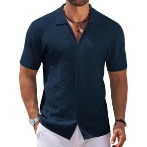 imageCOOFANDY Mens Knit Short Sleeve Shirt Casual Button Down Shirt Vintage Fashion Polo Shirts Crochet Summer Beach ShirtsNavy Blue