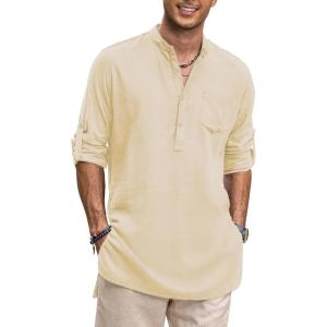 imageCOOFANDY Mens Linen Henley Shirts Long Sleeve Collarless TShirts Longline Kurta Beach Shirts with PocketBeige