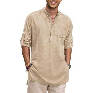 imageCOOFANDY Mens Linen Henley Shirts Long Sleeve Collarless TShirts Longline Kurta Beach Shirts with PocketKhaki