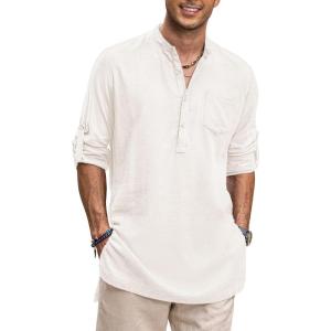 imageCOOFANDY Mens Linen Henley Shirts Long Sleeve Collarless TShirts Longline Kurta Beach Shirts with PocketWhite