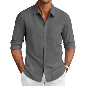 imageCOOFANDY Mens Long Sleeve Button Down Shirts Casual Cotton Linen Shirts Summer Beach Shirt with PocketDark Grey