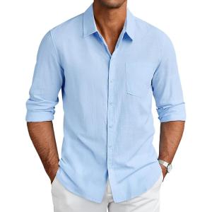 imageCOOFANDY Mens Long Sleeve Button Down Shirts Casual Cotton Linen Shirts Summer Beach Shirt with PocketLight Blue