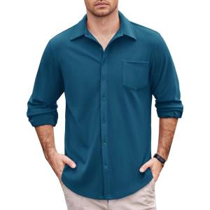 imageCOOFANDY Mens Long Sleeve Dress Shirt Button Down Casual Shirts for Men Wrinkle Free Shirt with PocketDark Blue