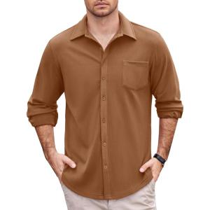 imageCOOFANDY Mens Long Sleeve Dress Shirt Button Down Casual Shirts for Men Wrinkle Free Shirt with PocketLight Brown