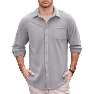 imageCOOFANDY Mens Long Sleeve Dress Shirt Button Down Casual Shirts for Men Wrinkle Free Shirt with PocketLight Grey