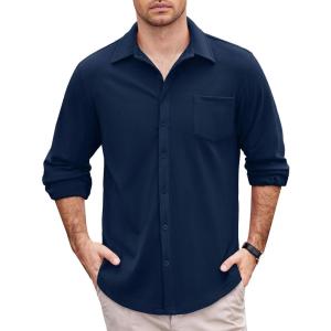 imageCOOFANDY Mens Long Sleeve Dress Shirt Button Down Casual Shirts for Men Wrinkle Free Shirt with PocketNavy Blue
