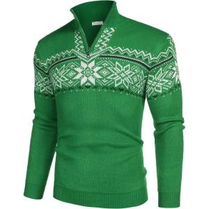imageCOOFANDY Mens Quarter Zip Pullover Sweater Casual Zip Up Polo Sweater KnitPat11 Snowflakes Green