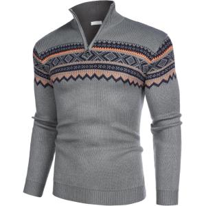 imageCOOFANDY Mens Quarter Zip Pullover Sweater Casual Zip Up Polo Sweater KnitPat4 Grey