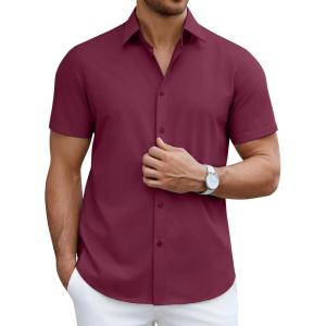 imageCOOFANDY Mens Short Sleeve Dress Shirts Casual Button Down Wrinkle Free Regular Fit Business Untucked ShirtsTawny Port