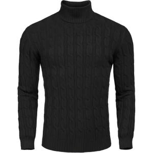 imageCOOFANDY Mens Slim Fit Turtleneck Sweater Casual Twisted Knitted Pullover Sweaters01black