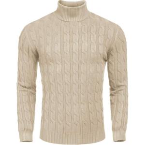 imageCOOFANDY Mens Slim Fit Turtleneck Sweater Casual Twisted Knitted Pullover SweatersLight Khaki