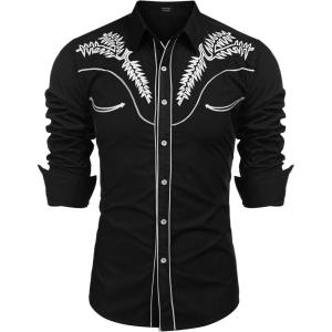 imageCOOFANDY Mens Western Shirts Long Sleeve Embroideres Cowboy Shirts Casual Button Down ShirtBlack  Whitepattern1