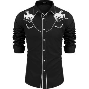 imageCOOFANDY Mens Western Shirts Long Sleeve Embroideres Cowboy Shirts Casual Button Down ShirtBlackhorse