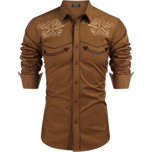 imageCOOFANDY Mens Western Shirts Long Sleeve Embroideres Cowboy Shirts Casual Button Down ShirtBrown Star