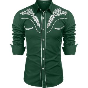 imageCOOFANDY Mens Western Shirts Long Sleeve Embroideres Cowboy Shirts Casual Button Down ShirtForest Greenwhite