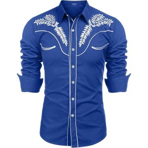 imageCOOFANDY Mens Western Shirts Long Sleeve Embroideres Cowboy Shirts Casual Button Down ShirtRoyal Bluewhite
