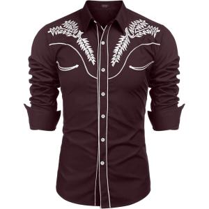 imageCOOFANDY Mens Western Shirts Long Sleeve Embroideres Cowboy Shirts Casual Button Down ShirtWine Redwhite