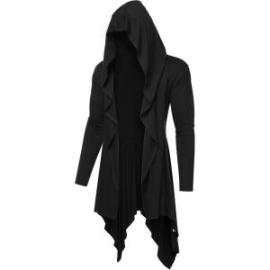 imageCOOFANDY Long Hooded Cardigan Ruffle Shawl Collar Open Front Lightweight Drape Cape Overcoat with PocketsBlack