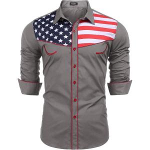 imageCOOFANDY Mens Casual American Flag Button Down Shirts Slim Fit Long Sleeve ShirtGrey