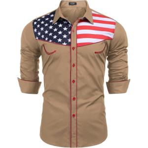 imageCOOFANDY Mens Casual American Flag Button Down Shirts Slim Fit Long Sleeve ShirtLight Tan