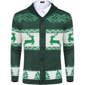 imageCOOFANDY Mens Christmas Cardigans Ugly Xmas Sweaters Reindeer Snowflake Shawl Collar Knitted Cardigan SweaterA  Green  C