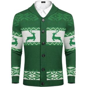 imageCOOFANDY Mens Christmas Cardigans Ugly Xmas Sweaters Reindeer Snowflake Shawl Collar Knitted Cardigan SweaterA  Green  a