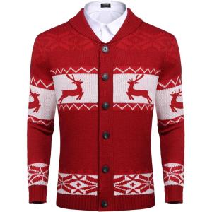 imageCOOFANDY Mens Christmas Cardigans Ugly Xmas Sweaters Reindeer Snowflake Shawl Collar Knitted Cardigan SweaterA  Red  a