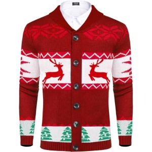 imageCOOFANDY Mens Christmas Cardigans Ugly Xmas Sweaters Reindeer Snowflake Shawl Collar Knitted Cardigan SweaterChristmas Red