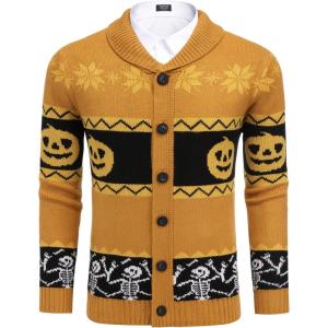 imageCOOFANDY Mens Christmas Cardigans Ugly Xmas Sweaters Reindeer Snowflake Shawl Collar Knitted Cardigan SweaterPumpkin