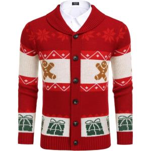 imageCOOFANDY Mens Christmas Cardigans Ugly Xmas Sweaters Reindeer Snowflake Shawl Collar Knitted Cardigan SweaterRed Gingerbread