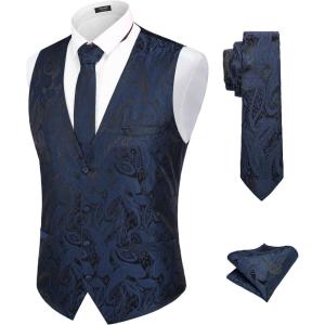 imageCOOFANDY Mens Christmas Vest Tie Set 3PC Paisley Jacquard Waistcoat and Necktie Pocket Square for Holiday Party WeddingNavy Blue