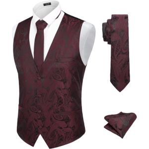 imageCOOFANDY Mens Christmas Vest Tie Set 3PC Paisley Jacquard Waistcoat and Necktie Pocket Square for Holiday Party WeddingWine Red