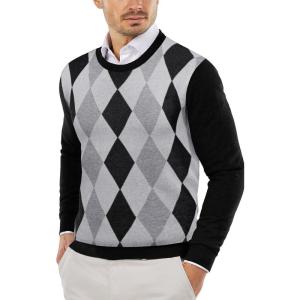 imageCOOFANDY Mens Crew Neck Sweater Slim Fit Lightweight Sweatshirts Knitted Pullover for Casual Or Dressy WearBlack Argyle