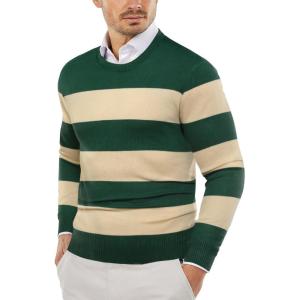 imageCOOFANDY Mens Crew Neck Sweater Slim Fit Lightweight Sweatshirts Knitted Pullover for Casual Or Dressy WearGreenApricot Stripe