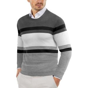 imageCOOFANDY Mens Crew Neck Sweater Slim Fit Lightweight Sweatshirts Knitted Pullover for Casual Or Dressy WearGreyWhite