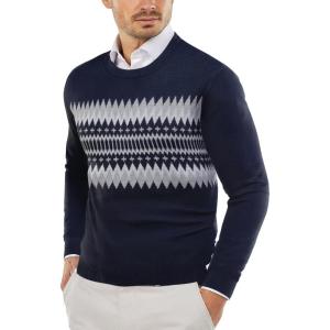 imageCOOFANDY Mens Crew Neck Sweater Slim Fit Lightweight Sweatshirts Knitted Pullover for Casual Or Dressy WearNavy BlueGrey White Jacquard