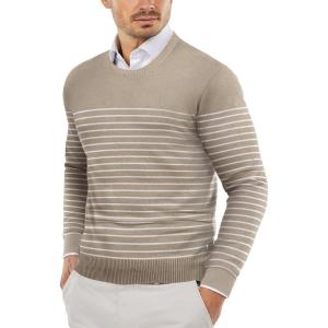 imageCOOFANDY Mens Crew Neck Sweater Slim Fit Lightweight Sweatshirts Knitted Pullover for Casual Or Dressy WearPinstripes White  Khaki