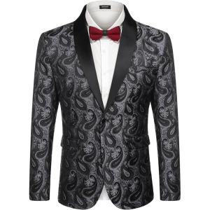 imageCOOFANDY Mens Floral Tuxedo Jacket Paisley Shawl Lapel Suit Blazer Jacket for DinnerPromWeddingGrey