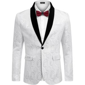 imageCOOFANDY Mens Floral Tuxedo Jacket Paisley Shawl Lapel Suit Blazer Jacket for DinnerPromWeddingWhite